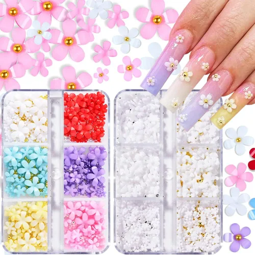 Vista 10 de Abalorios de uñas de flores 3D, 2 cajas de acrílico 3D de flores de arte de uñas y gemas blancas y rosas mezcladas con diamantes de imitación
