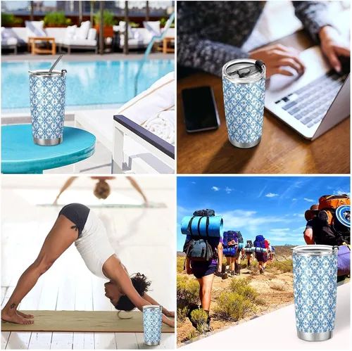 Vista 7 de Taza de acero inoxidable azul con patrón floral de copo de nieve, tapa a prueba de fugas y tazas de paja para café para la escuela, deportes