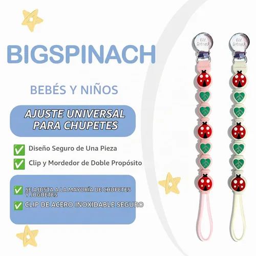 Vista 2 de BIGSPINACH Paquete de 2 clips de chupete de silicona para bebés – Correa de una pieza de grado alimenticio con cordón y clip de acero inoxidable