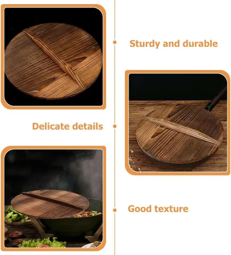 Vista 3 de ERINGOGO Tapa de madera para wok de 12.5 pulgadas, cubierta de sartén de madera natural con mango ergonómico, tapa de olla de cocina
