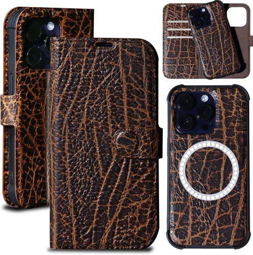 Vista 22 de Funda de cuero compatible con iPhone 16 Pro Max Cartera 6.9", cuero genuino 2 en 1, magnética, desmontable, a prueba de golpes, funda tipo folio