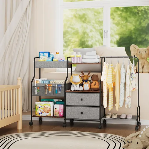 Vista 2 de BBLIKE Organizador de pañales con estante para colgar, carrito utilitario rodante de 3 niveles con cajones y divisores para almacenamiento