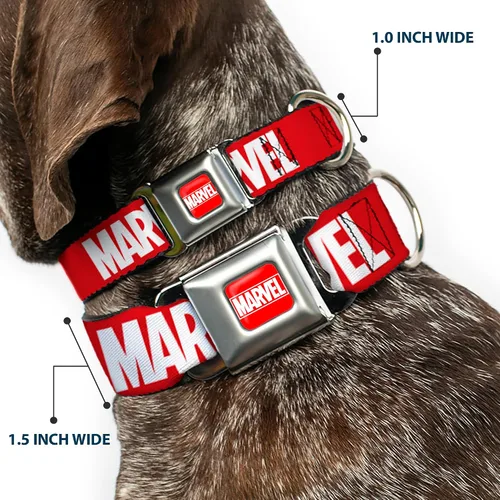 Vista 2 de Buckle-Down Collar de perro hebilla de cinturón de seguridad Marvel Red Brick Logo Rojo Blanco 9 a 15 pulgadas 1.0 pulgadas de ancho, multicolor