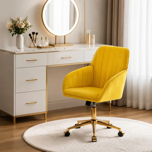 Vista 12 de Silla de tocador de maquillaje de terciopelo beige con ruedas