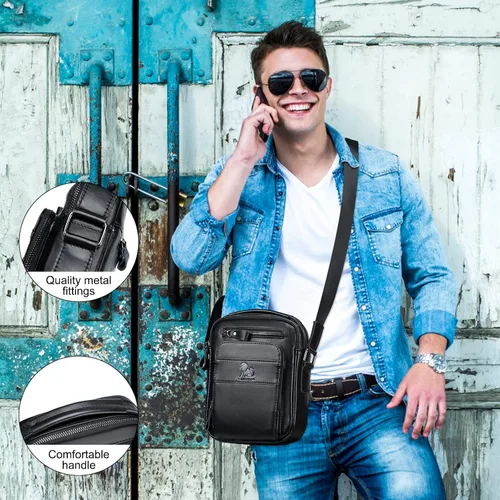 Vista 6 de BAIGIO Bolso de hombro de cuero genuino para hombre, maletín de mensajero, bolso de mano cruzado, bolso de viaje