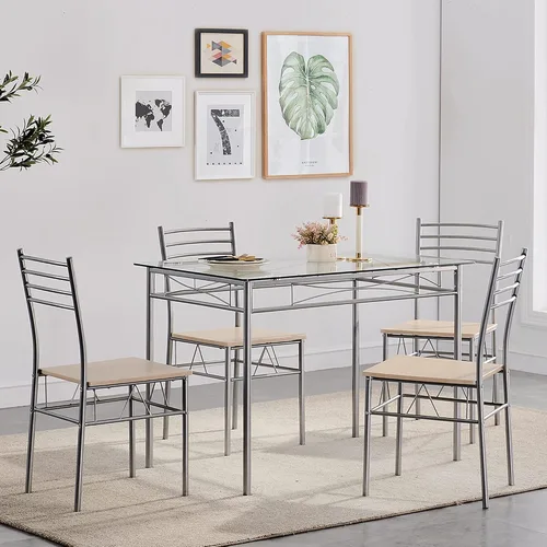 Vista 9 de VECELO Mesa y sillas de cocina para 4, juego de comedor con sillas/taburetes de poliuretano, marco de metal resistente, mesa de madera, diseño que