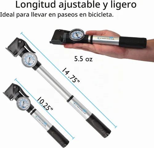 Vista 3 de Lumintrail Mini bomba de bicicleta portátil para válvulas Presta y Schrader - Bomba de aire para neumáticos de bicicleta con manómetro - Bola