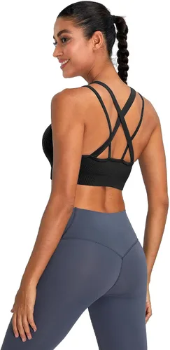 Vista 3 de Sujetadores deportivos para mujer de alto apoyo, brasieres deportivos con espalda en cruz, tiras acolchadas y de alto impacto para mujeres con busto
