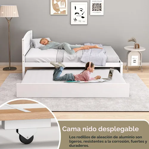 Vista 4 de Cama nido individual, marco de cama extraíble de madera maciza, cama de día extensible con cabecera y soporte de listones de madera sólida Blanco