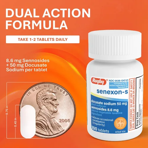 Vista 3 de Rugby Senexon-S - Ingrediente laxante vegetal natural más suavizante de heces, alivio del estreñimiento, Docusate Sodium 50 mg, senósidos 8.6 mg