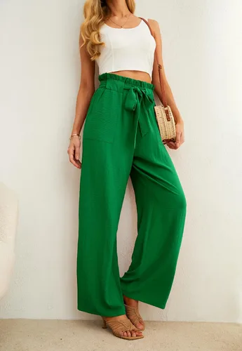 Vista 3 de IWOLLENCE - Pantalones de pierna ancha para mujer con bolsillos, cintura alta, nudo ajustable, holgados, casuales, para trabajo y negocios