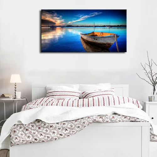 Vista 6 de yearainn Lienzo grande para pared, diseño de lancha y lago azul, puesta de sol con agua clara, cuadro moderno, naturaleza, paisaje, arte