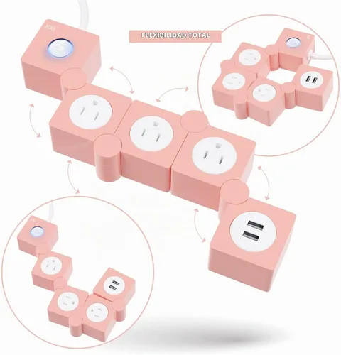 Vista 3 de iJoy - Tira de enchufes flexible: 3 salidas de corriente alterna y 2 puertos de carga USB con cable de extensión rosa, tiras de enchufes