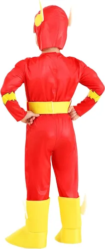 Vista 6 de Disfraz clásico de Flash para niños pequeños, disfraz de superhéroe de DC Comics, pecho muscular, máscara y fundas para botas