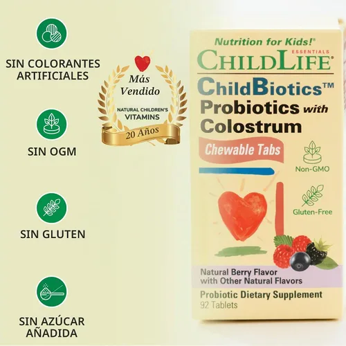 Vista 4 de CHILDLIFE ESSENTIALS Probióticos ChildBiotics con tabletas masticables Colostrum®