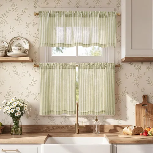 Vista 30 de Jinchan - Juego de cortinas y cenefas de cocina estilo bohemio negro sobre beige y bolsillo para barra Boho Negro sobre Beige