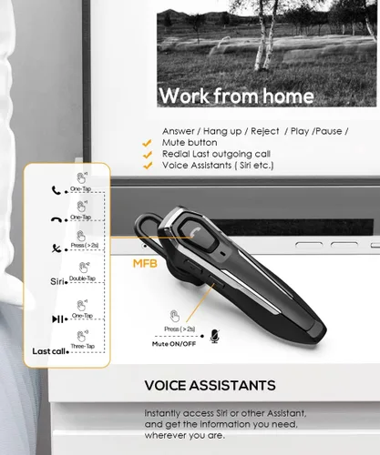 Vista 5 de Auriculares Bluetooth individuales para un oído, tiempo de conversación de 30 horas, micrófono con cancelación de ruido dual, llamadas manos libres