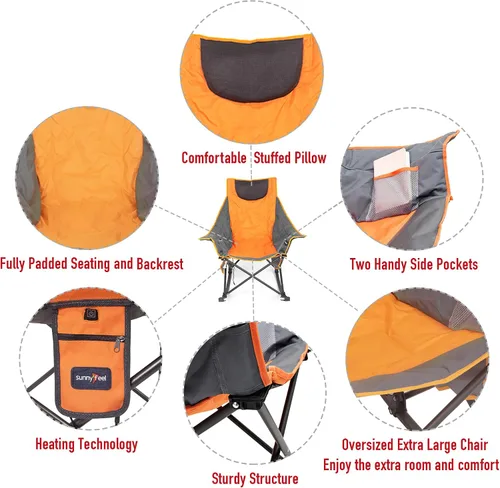 Vista 5 de SUNNYFEEL Silla de campamento con calefacción, mecedora de gran tamaño para adultos, 500 libras, silla de césped plegable con acolchado reclinable