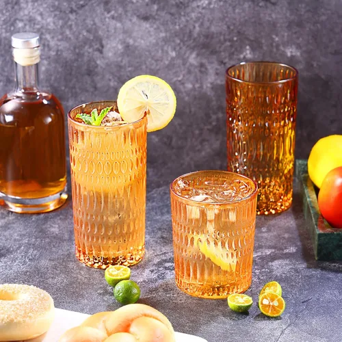 Vista 8 de Loivttvv Glassware - Juego de 8 vasos altos de 14 onzas y vasos de vidrio acanalado de 10 onzas, cristalería vintage para agua, jugo, cóctel