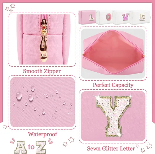 Vista 3 de Bolsa de maquillaje con parche de letra inicial personalizada, bolsa de cosméticos de chenilla preppy con letra de chenilla con cremallera, Y