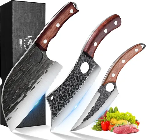 Vista 11 de ROCOCO Juego de 13 Cuchillos de Carnicero para Corte de Carne Cuchillo de Chef Serbio Cuchillo de Deshuesado Vikingo con Bolsa Enrollable