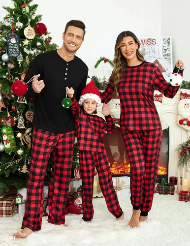 Vista 2 de Ekouaer Conjunto de pijama de Navidad familiar a juego para mujeres, hombres, niños, pijamas de manga larga, ropa de dormir para vacaciones