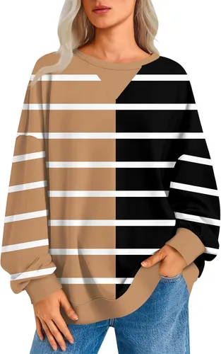 Vista 8 de Sudadera de manga larga para mujer, sudaderas de gran tamaño, estilo casual, cuello redondo, tallas S-2XL
