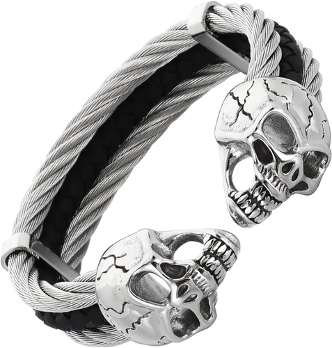 Vista 8 de Pulsera gótica de calavera para hombre, acero inoxidable, cable y cuero punk, plata y negro, diseño de puño abierto para motociclista, rockero