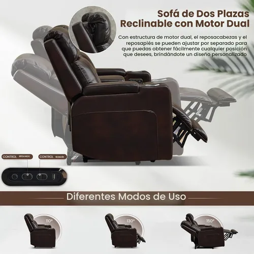 Vista 4 de Sofá biplaza reclinable eléctrico con consola, sofá biplaza reclinable de doble motor con reposacabezas eléctrico/carga inalámbrica/luz