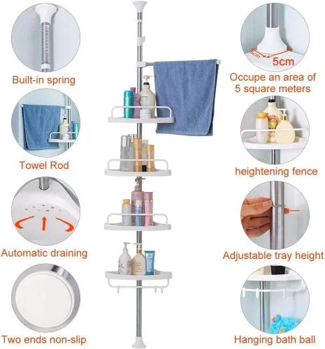 Vista 2 de Hershii Estante de ducha esquinero de 4 niveles con barra de tensión, organizador de estante de baño, estante de almacenamiento ajustable para baño