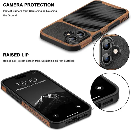 Vista 4 de TENDLIN Compatible con iPhone 16 Funda de teléfono de grano de madera con textura de fibra de carbono, diseño de cuero híbrido delgado (negro)