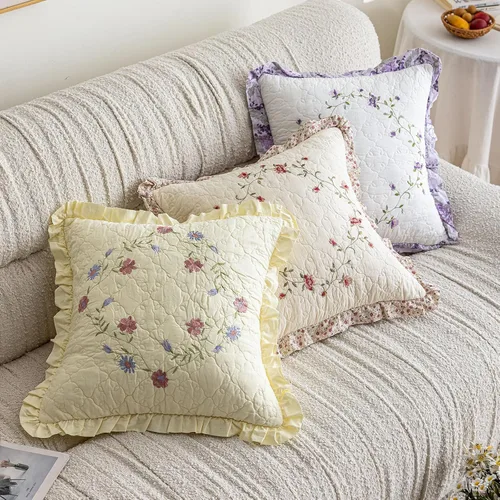 Vista 7 de vctops Juego de 2 fundas de cojines decorativos cuadradas de algodón acolchado bordado con volantes de diseño floral suave para sillón, sofá, cama