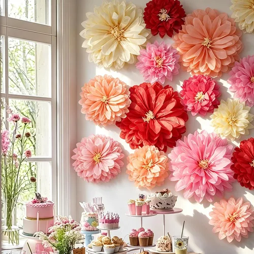 Vista 17 de Geyee 18 Piezas Flores de Papel Mexicanas Coloridas Fiesta Flores de Papel de Seda Pompones Carnaval Mexicano para Fondo Floral de Fiesta Boda