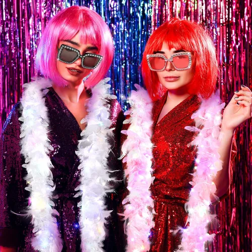 Vista 6 de 2 Pack LED Feather Boa Includes 2 Pcs Feather Boa 2 Pieces 20 LED String Lights and 2 Square Rhinestone Sunglasses for Party Wedding Dancing Costume