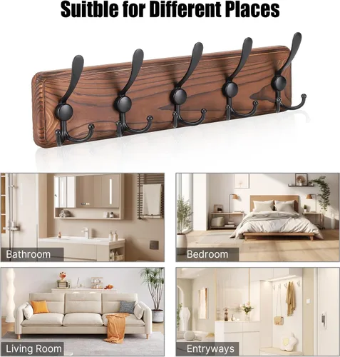Vista 7 de Gohiuo Perchero Rústico para Montaje en Pared, Ganchos de Pared de Madera con 5 Ganchos Triples, Perchero de Madera Resistente para Colgar