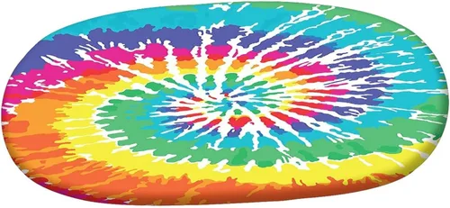 Vista 3 de Mantel ajustable ovalado de poliéster con bordes elásticos y arcoíris, diseño de grunge Ikat, estampado psicodélico, se adapta a mesas ovaladas