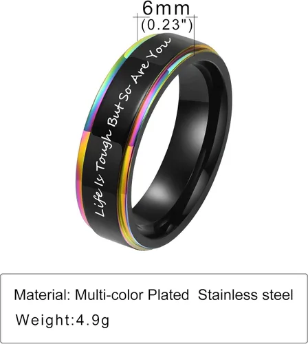 Vista 3 de MPRAINBOW Joyería inspiradora de acero inoxidable, anillo de arco iris negro, cita motivadora oculta, grabado, animación, cumpleaños, graduación