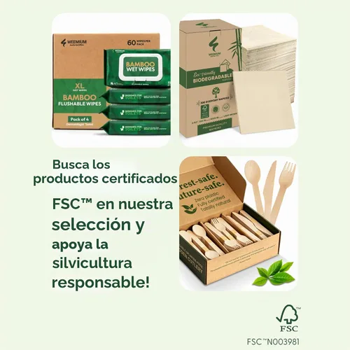 Vista 2 de Weemium Juego de cubiertos de madera desechables – 300 unidades (100 tenedores, 100 cuchillos, 100 cucharas) – Embalaje sin plástico – Cubiertos