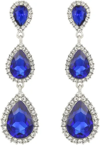 Vista 27 de EleQueen Pendientes de cristal austriaco en tono dorado para mujer, forma de pera de 2.5 pulgadas, color esmeralda