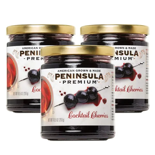 Vista 10 de Cerezas de cóctel Península Premium. Ganador de premios. Rojo borgoña intenso. Suave como la seda, rico jarabe. Lujoso sabor afrutado y agridulce.