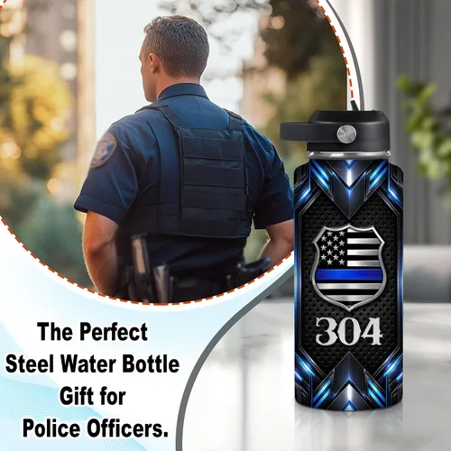 Vista 3 de Hyturtle Botella de Agua Personalizada de Policía - Botella de Acero Inoxidable Aislada con Tapa a Prueba de Fugas 18 oz, 32 oz - Regalo de Bandera