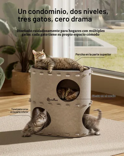 Vista 2 de DownyPaws Casa para gatos de interior, cueva de cama para gatos de 2 pisos Crema