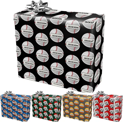 Vista 15 de Papel de regalo personalizado con fotografía, “Merry Christmas” con sombrero de Navidad, papel de regalo personalizado “Happy Birthdays” con nombre
