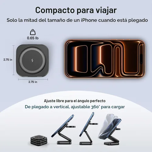 Vista 5 de Cargador inalámbrico 5 en 1 para MagSafe, estación de carga de viaje portátil AC ISLAND de 35 W, soporte magnético plegable rápido Qi2 de 35 W