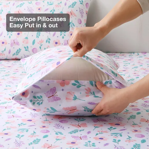 Vista 5 de Viviland Juego de sábanas tamaño matrimonial con estampado botánico de mariposas y flores rosadas y moradas, 4 piezas, sábanas de microfibra suave
