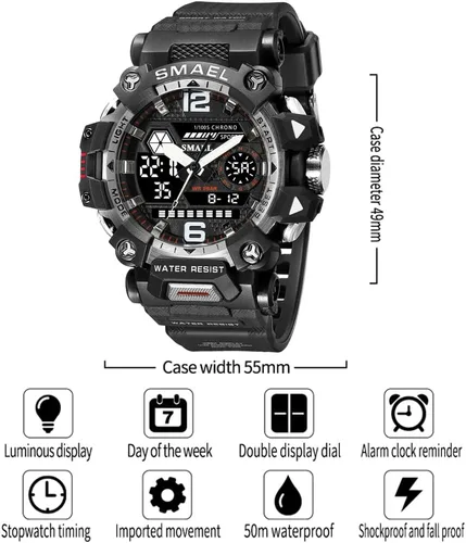 Vista 5 de Relojes de hombre para deportes al aire libre, reloj militar, resistente al agua, analógico-digital, multifunción, electrónico, con alarma LED