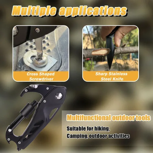Vista 5 de Mosquetón multiherramienta con cuchillo de bolsillo, mosquetón EDC con cuchillos plegables, equipo de supervivencia para camping, senderismo