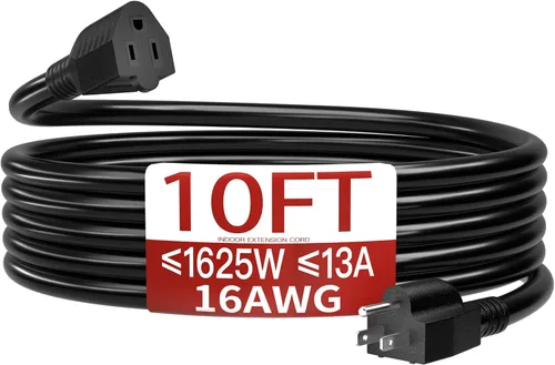 Vista 46 de Cable de extensión corto de 16/3 de 1 pie, cable de extensión negro flexible y duradero, cable de alimentación de 3 clavijas para interiores