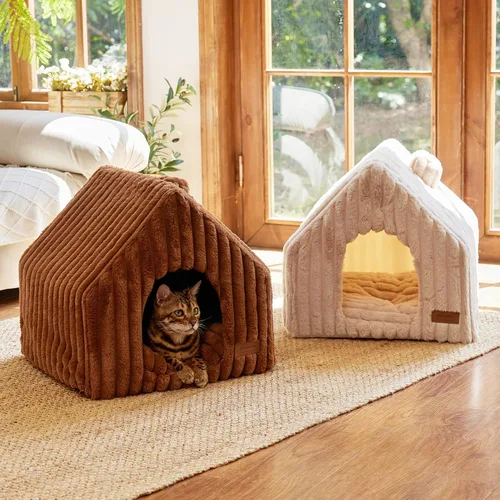 Vista 8 de FUKUMARU Casas para gatos de interior, cueva linda y lavable para gatos con almohada removible, casa grande semi-cerrada y acogedora para perros