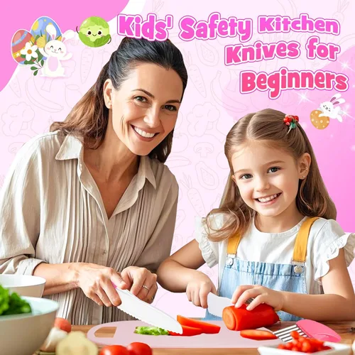 Vista 3 de 9 piezas de juego de cuchillos seguros para niños para cocina real, juego de cuchillos de cocina para niños con tabla de cortar, cortador